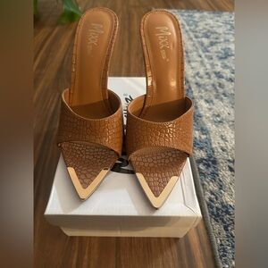 Mixx Shuz Brown Faux-Croc Pointed Toe Slide Heels with Gold Accent